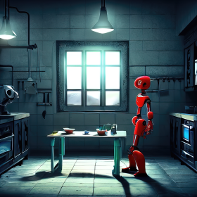 DreamStudio - Futuristic robot serving tea in old dusty kitchen with window in semi-darkness inside, dishes lying around