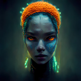DreamStudio - Highly detailed portrait of humanoid female with blue skin, huge eyes, iridescent